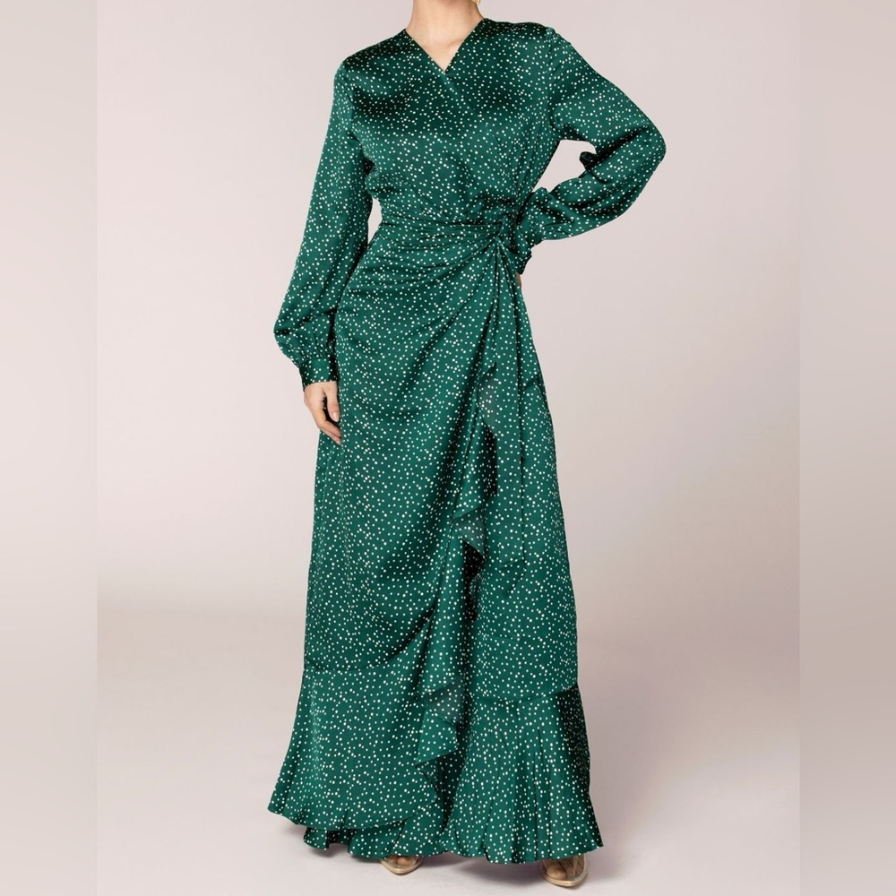 Emerald Polka Dot Satin Wrap Maxi Dress
